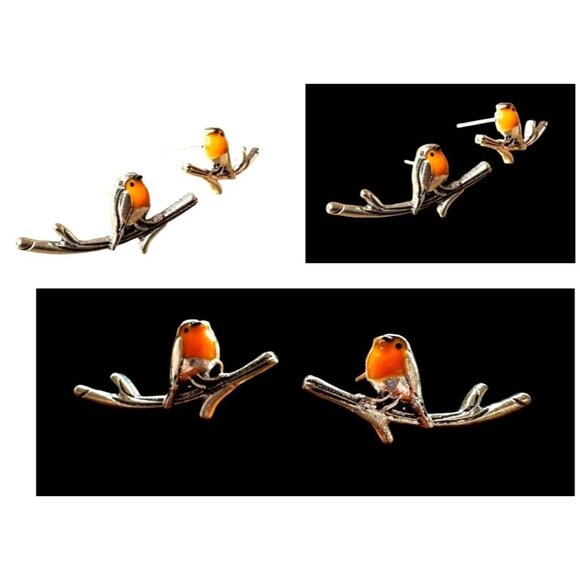 Robin Bird Earrings Ear Climbers New Orange Silver Tree Branch Loved One… - Picture 10 of 12